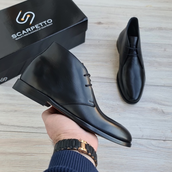 Scarpetto Other - Premium Leather Black Chukka Boots, Mens Lace-up Ankle Boots, Hand-Stitched Sole